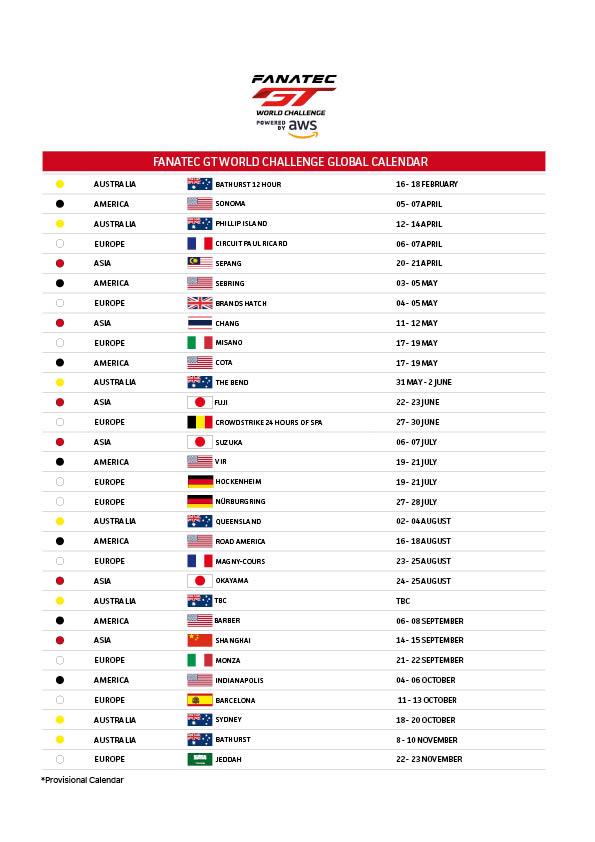 Fanatec GT World Challenge Powered by AWS finalises global calendar for